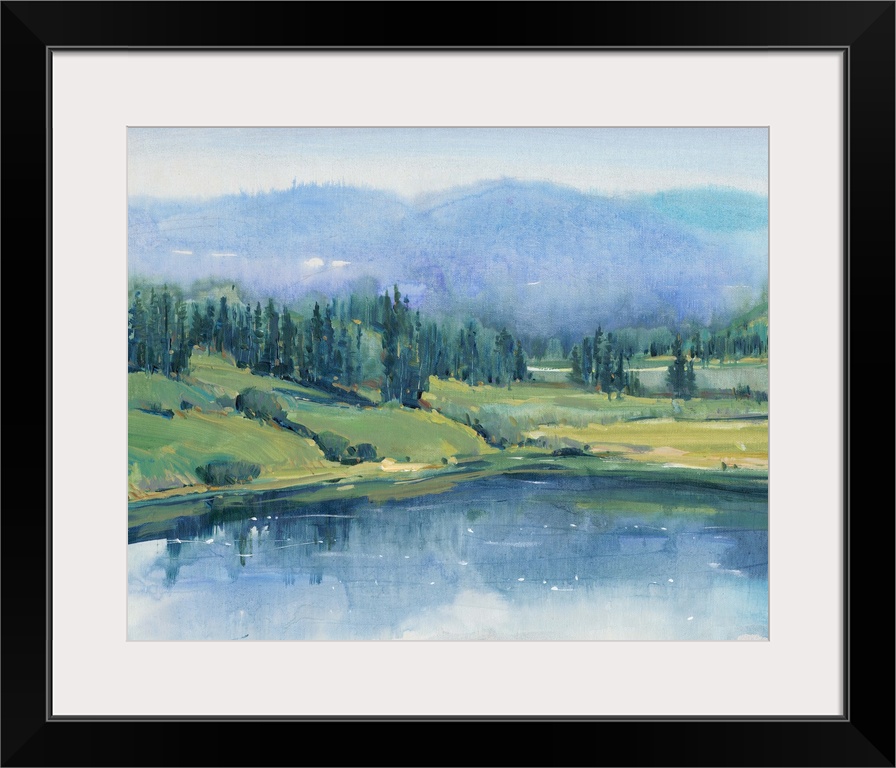 Large landscape painting with cool tones of a hilly wilderness landscape with a lake in the foreground.