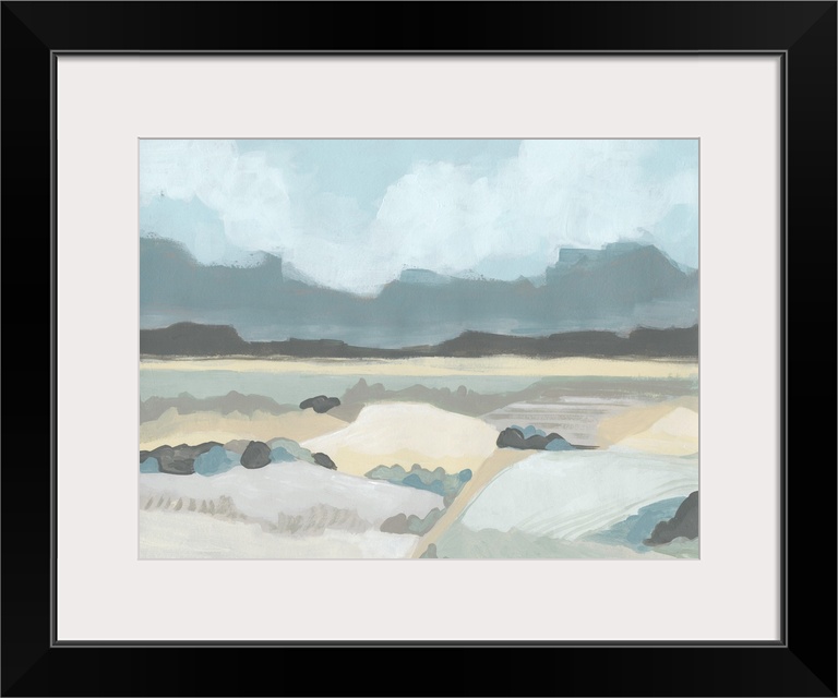 Abstract landscape painting of a valley with mountains in the distance in pastel hues.