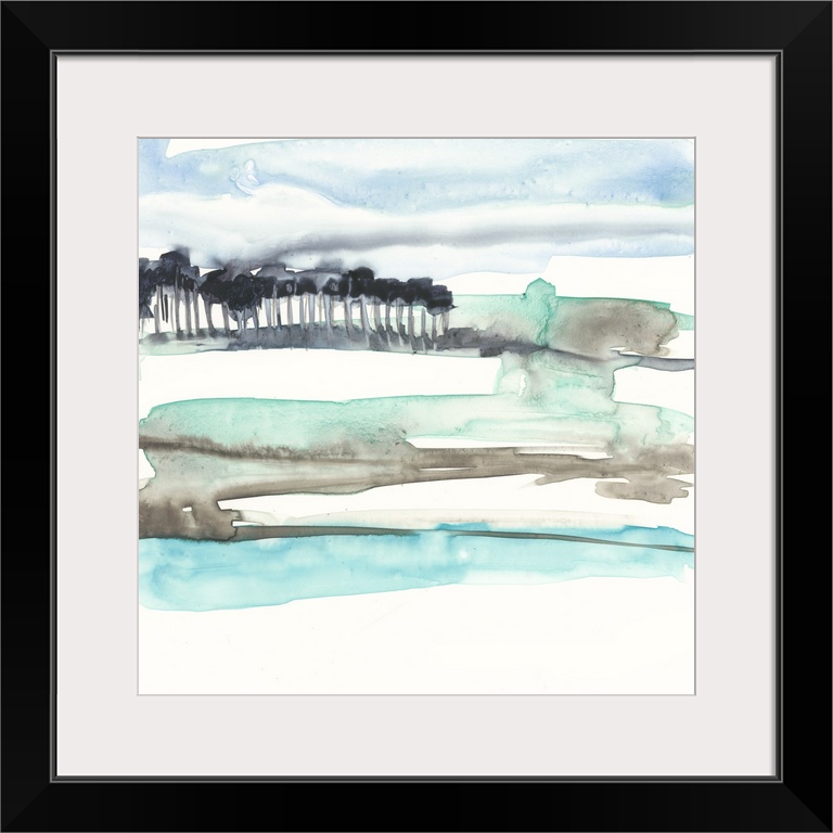 Abstract landscape watercolor painting in shades of blue, brown, and green with black trees in the distance on a square ba...