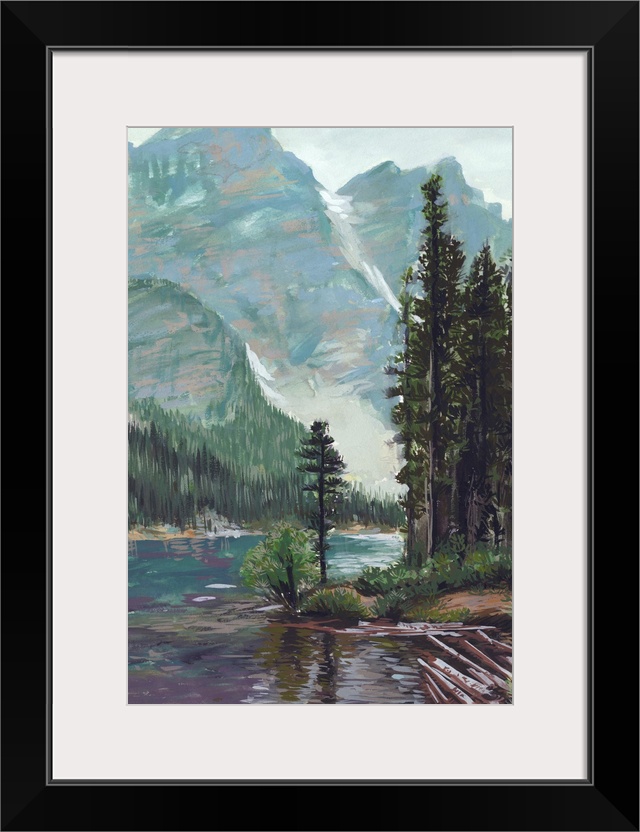 Vertical painting of a lush green mountain and wilderness landscape with a river in the foreground.