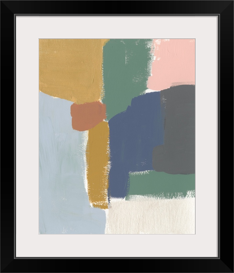 This abstract artwork features blocks of muted colors with feathered dry brush edges over a white background.