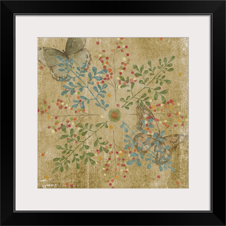 This rustic decor has a vintage feel by featuring multi-colored sprigs, berries and fluttering butterflies over an aged, w...