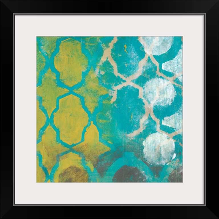 Contemporary abstract painting of two overlapping decorative filigree frameworks.