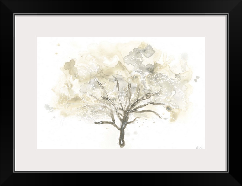 Watercolor painting of a tree in watered down brown shades with blurred spots.