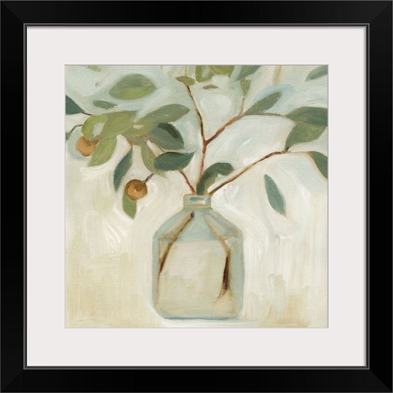 A simple still life of leafy branches in a clear glass jar, painted in a chunky abstracted style in neutral tones.