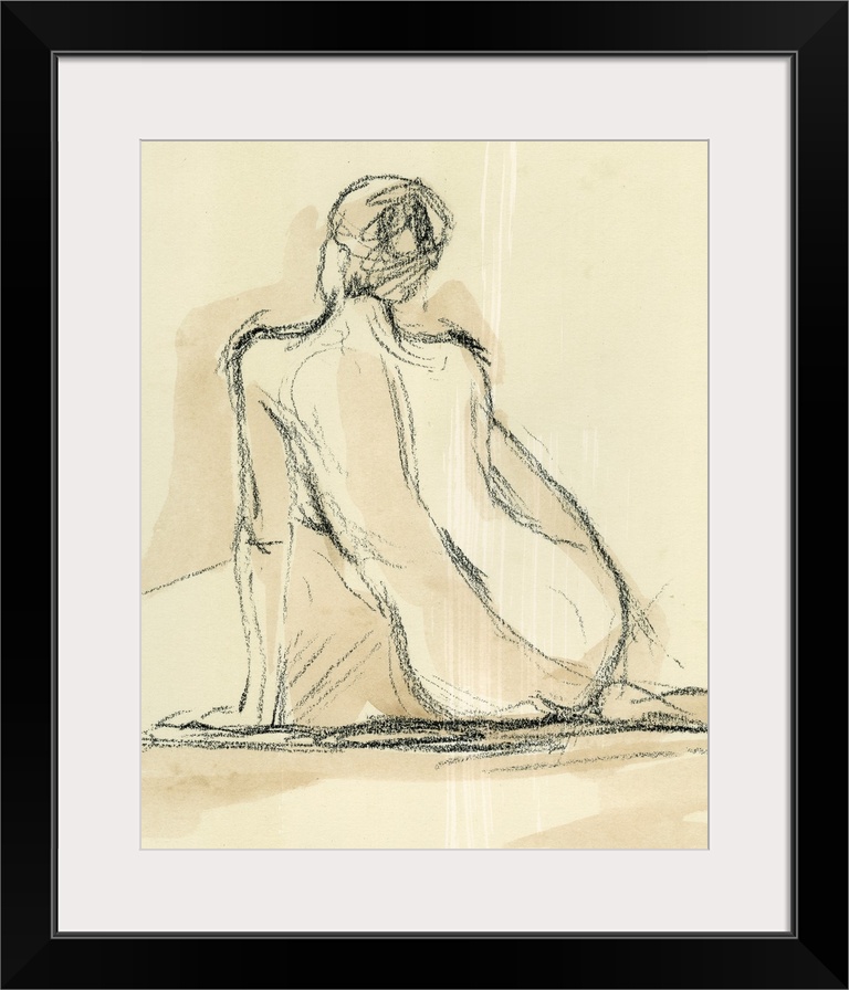 Portrait, figurative art on a large wall hanging, of a roughly sketched nude, female form, leaning on one hand while sitti...