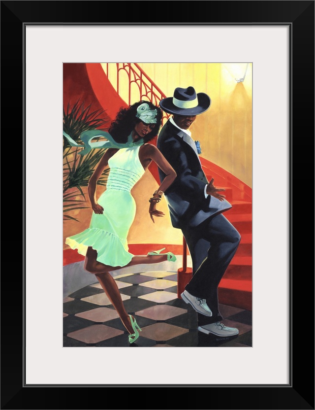 An African American couple in 20's style fashion dancing in an upscale club.