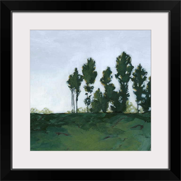 Contemporary painting of a vibrant green landscape.