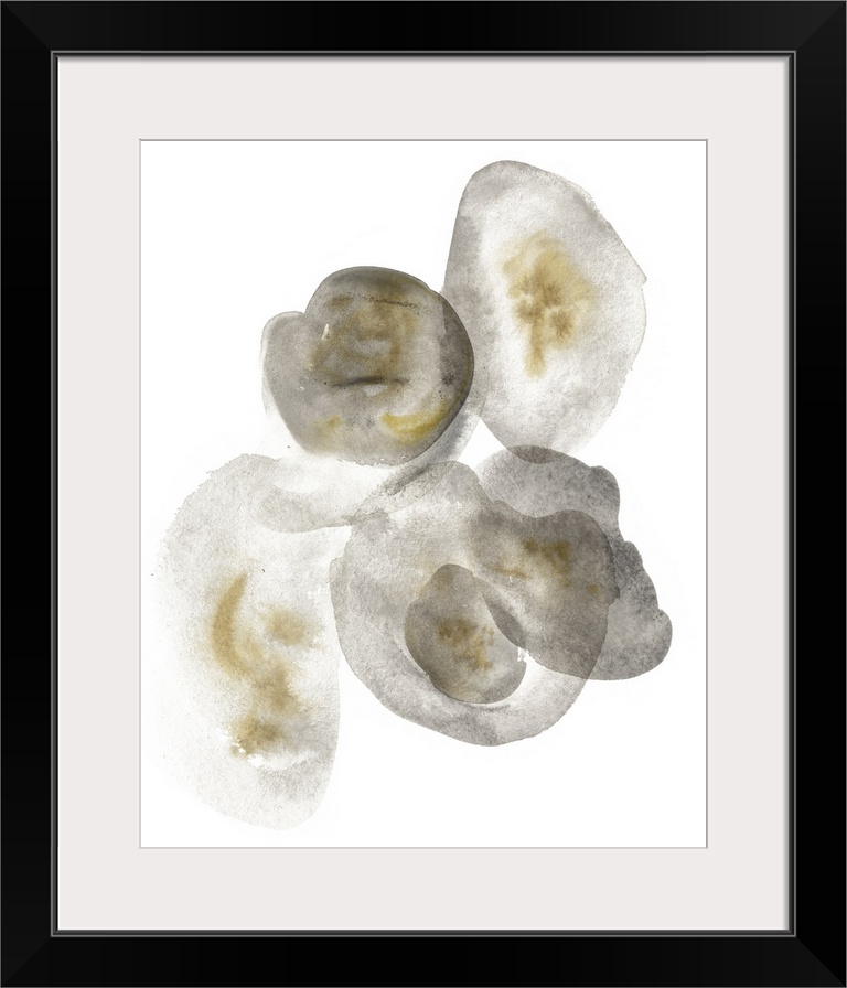 This abstract artwork features puddles of transparent gray color mottled with brown over a white background to illustrate ...