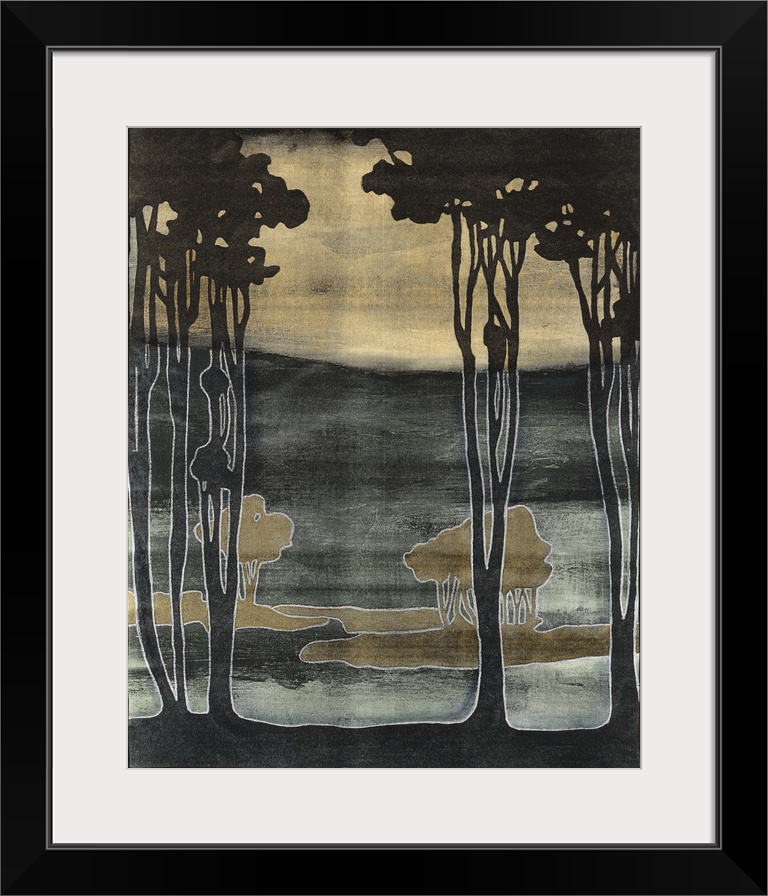 Art nouveau stylized artwork of a silhouetted trees against a hazy looking background.