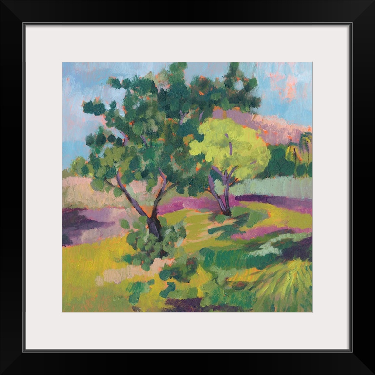 This contemporary landscape features short vertical brush strokes to create a bright wilderness landscape.