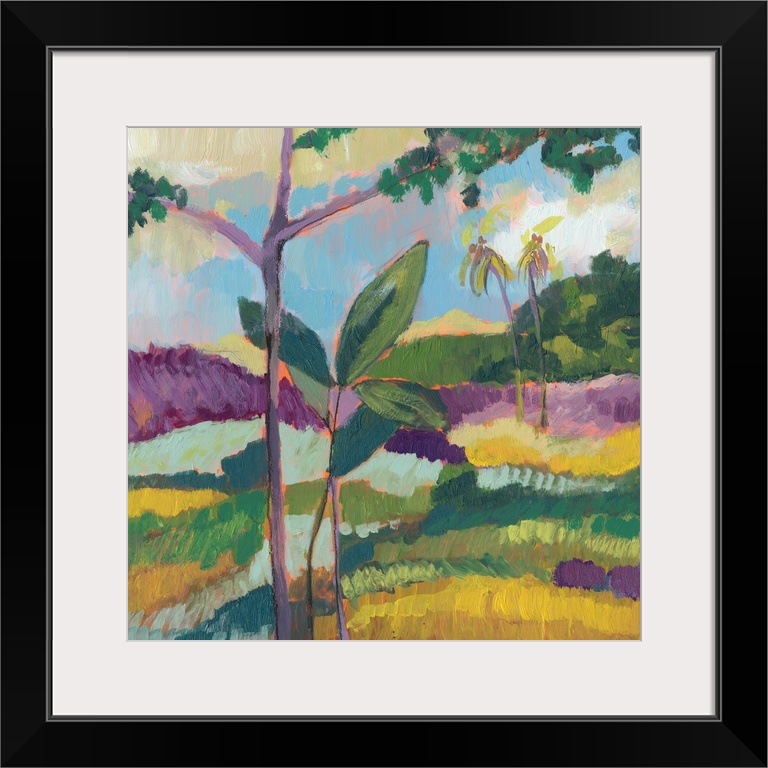 This contemporary landscape features short vertical brush strokes to create a bright wilderness landscape.