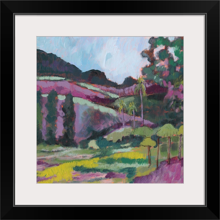 Inspired by an impressionist artist, this countryside landscape painting features a bold palette of pink and green shades.