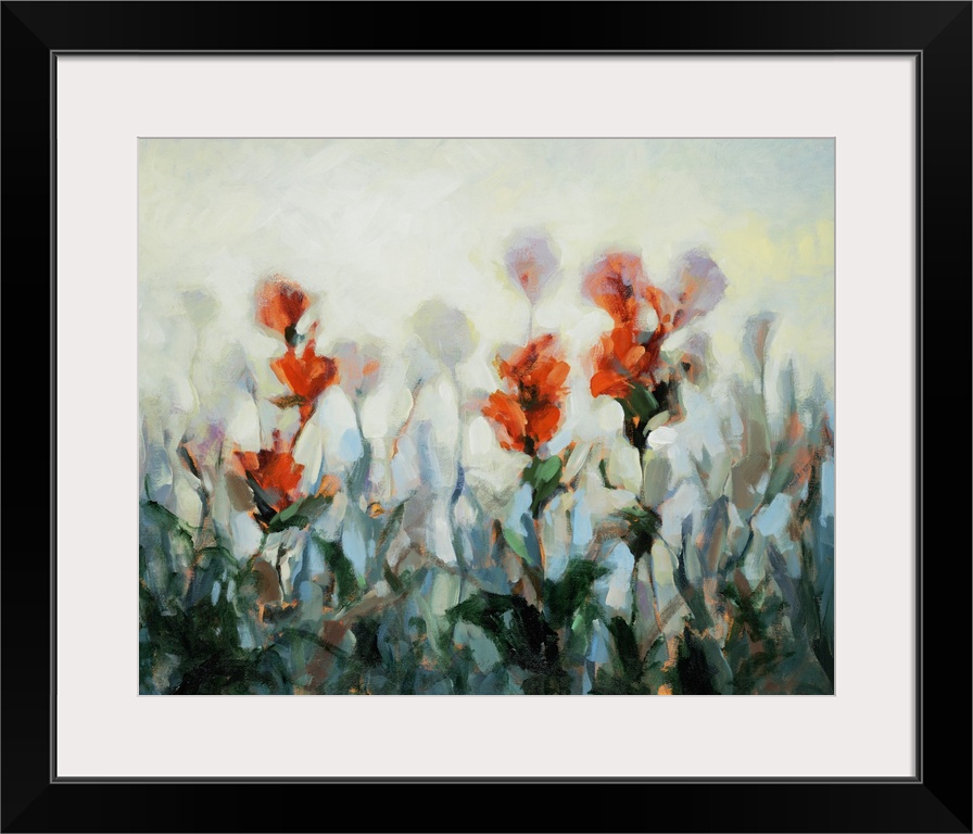 Impressionist style artwork of bright red wildflowers.