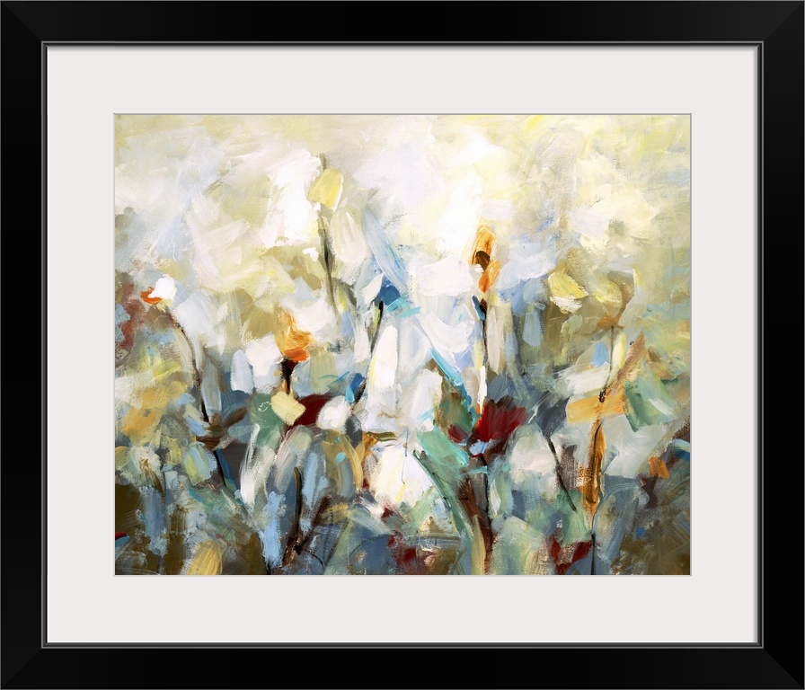 Impressionist style artwork of flowers in bloom.