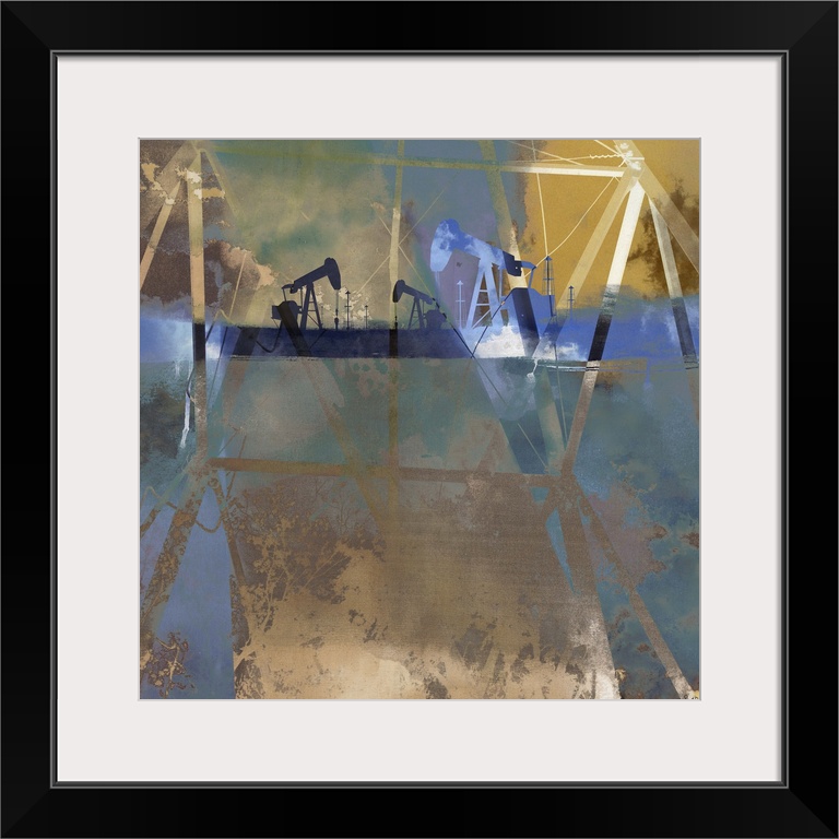 Abstract artwork of oil rigs against a multi-layered and colored surrounding.