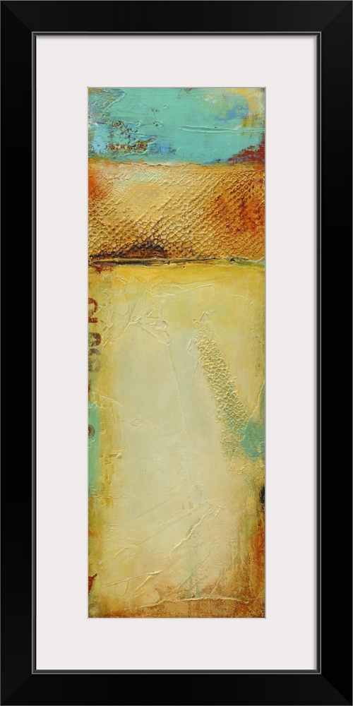 Vertical contemporary painting of an abstract landscape, recalling thoughts of summer on the beach.