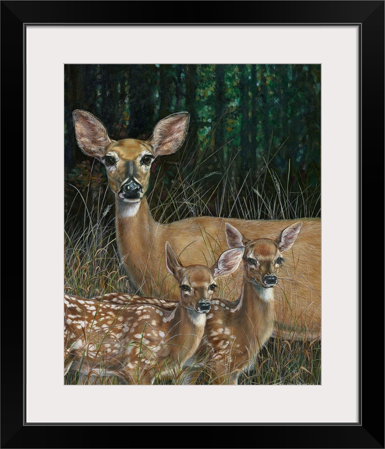 Contemporary painting of a mother deer with offspring.