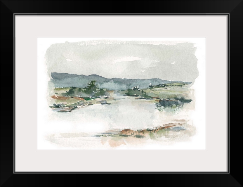 Watercolor abstract landscape in muted earth tones and blues.