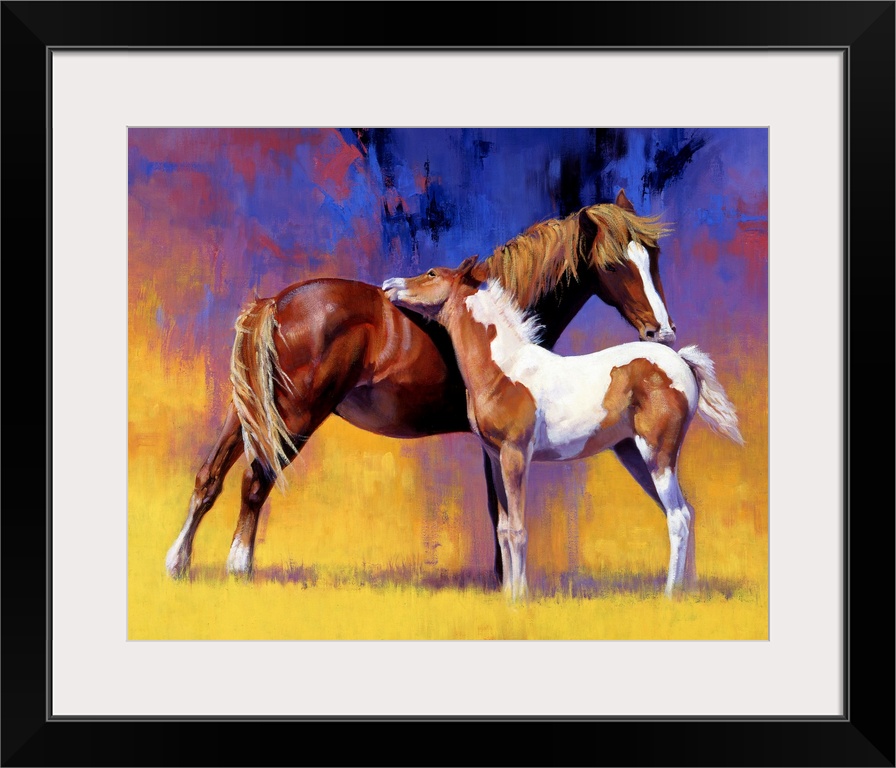 Big painting on canvas of a baby horse cuddling with an adult horse.