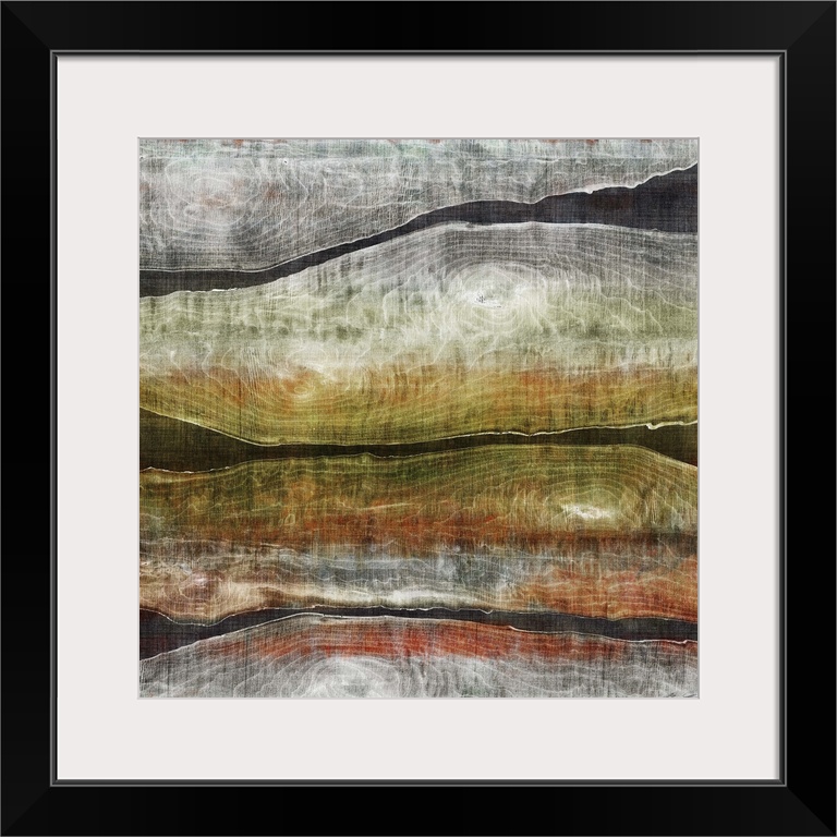 Contemporary abstract artwork in earth tones layered with dark grey.
