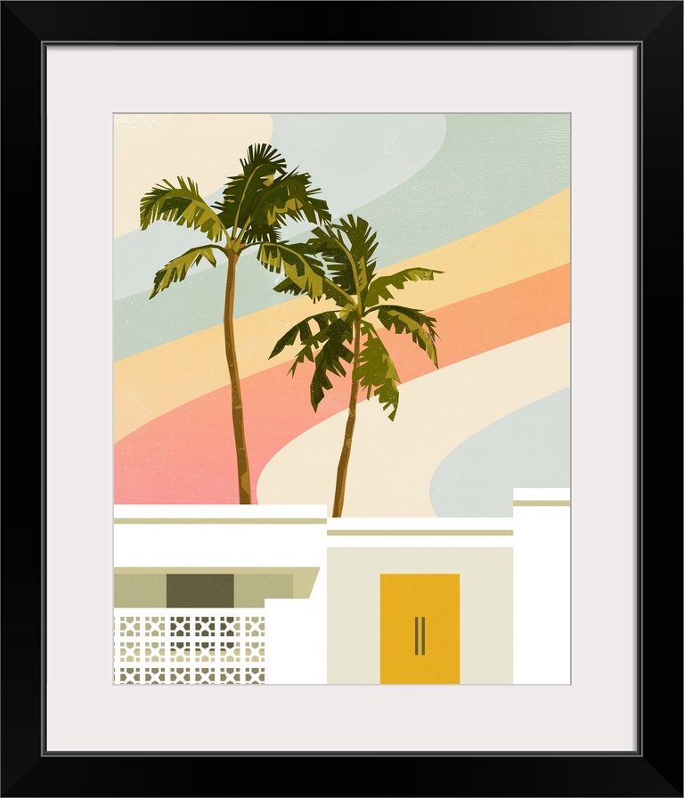 A contemporary mid-century modern graphic illustration of a white stucco home with classic palm springs architectural deta...