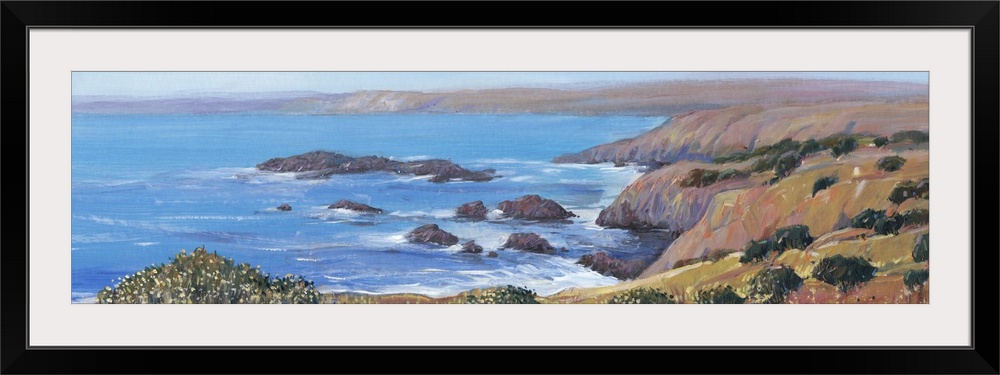 Painted panoramic landscape of a rocky cliff ocean coast.