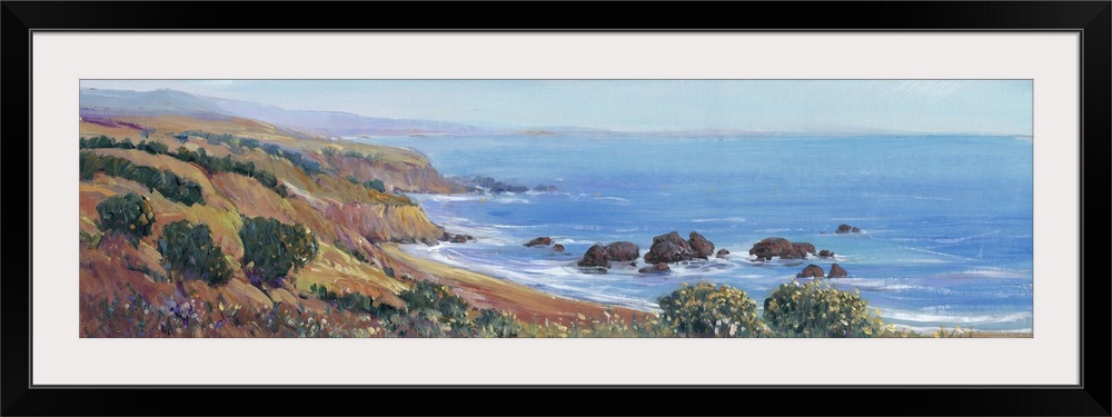 Painted panoramic landscape of a rocky cliff ocean coast.