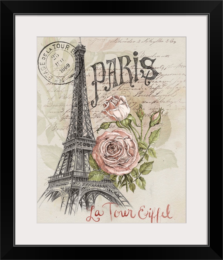 A sketch of the Eiffel tower is adorned with an illustrated rose and French text throughout.
