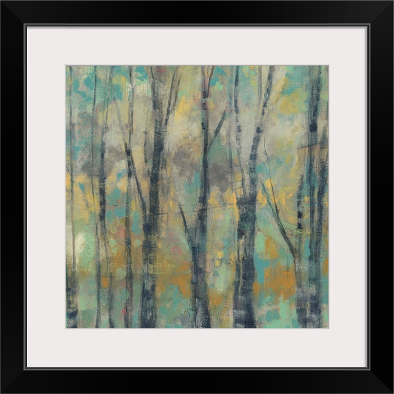 Painting of a forest with thin trees against an abstract background.