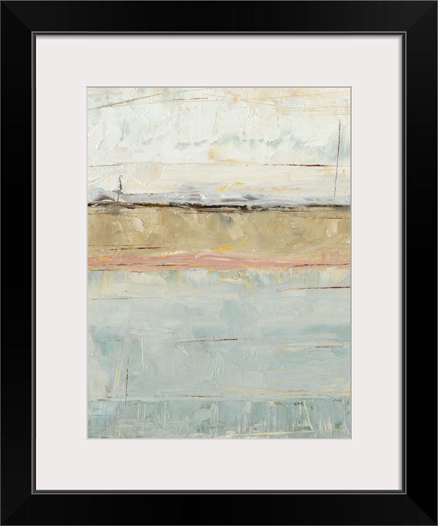 Contemporary abstract painting with pale blue, pink, and brown planes of color.