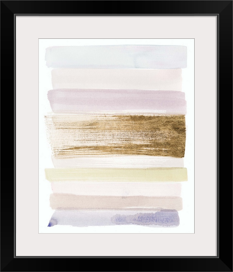 Abstract painting using pastel colors in horizontal strokes with a dark strokes in the center.