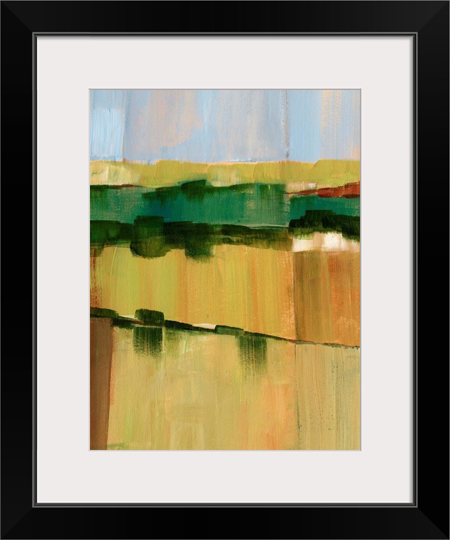 Contemporary semi-abstract painting of farmland under a dusty blue sky.