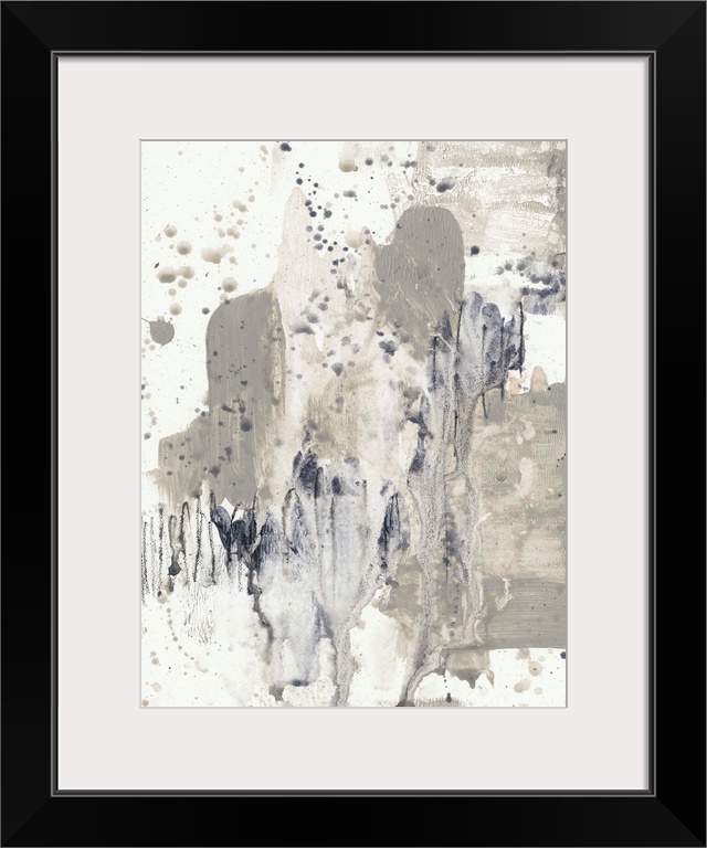 This abstract artwork is constructed from thick brush strokes, smeared paint and paint splatter with drips in shades of gray.