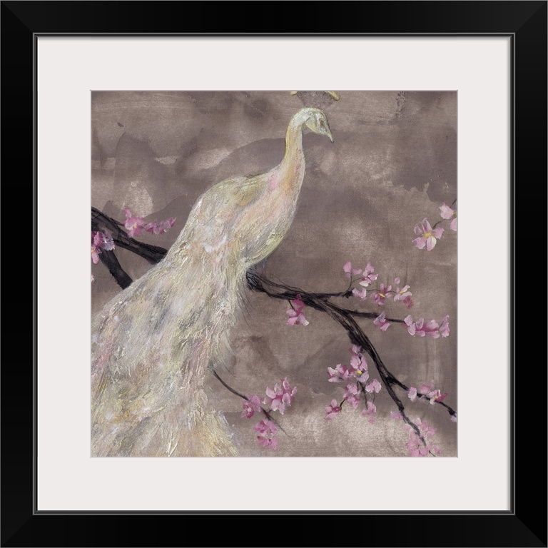 This contemporary artwork depicts an all white peacock that is perched on a branch with small flowers blooming.