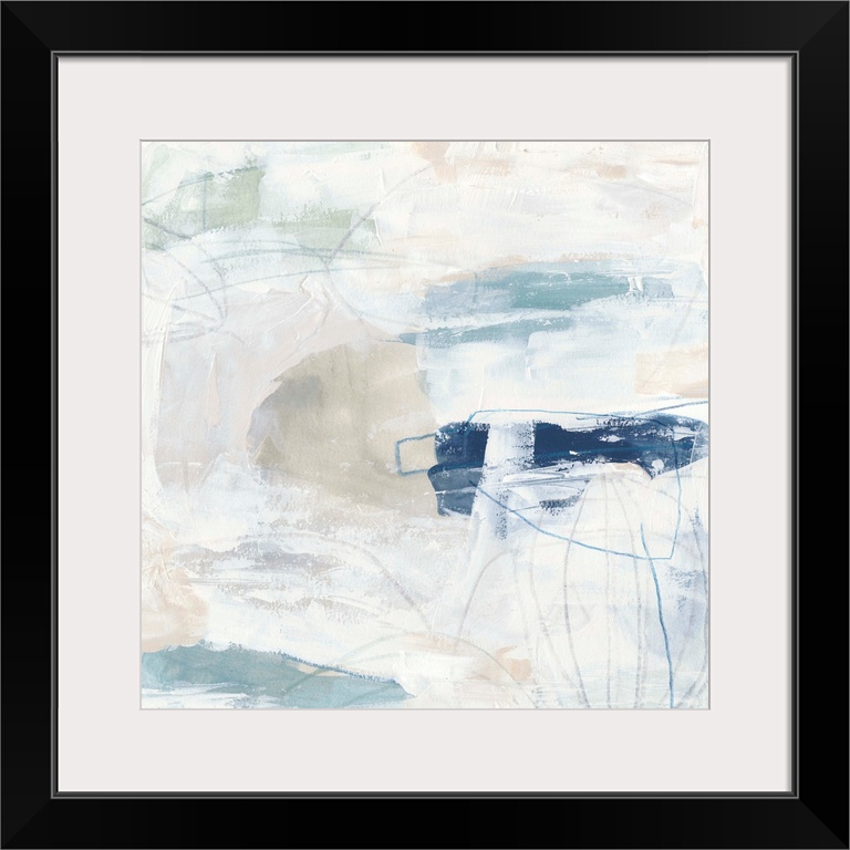 White, pale blue, and neutral browns come together to construct this abstract painting reminiscent of a calm day on the be...