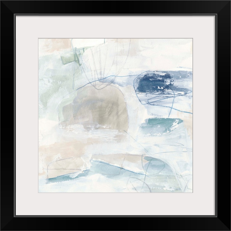 White, pale blue, and neutral browns come together to construct this abstract painting reminiscent of a calm day on the be...