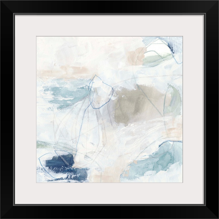 White, pale blue, and neutral browns come together to construct this abstract painting reminiscent of a calm day on the be...