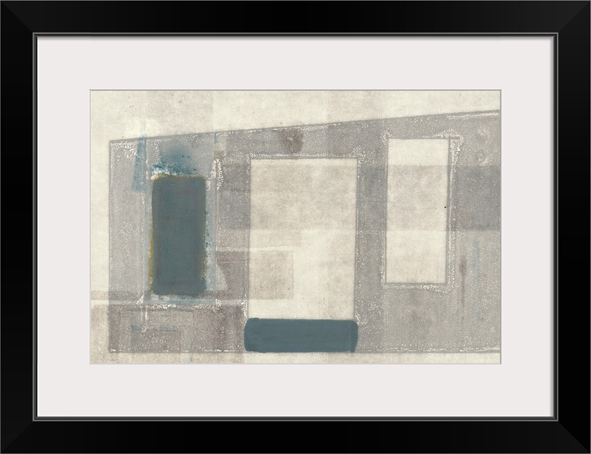 This contemporary artwork features overlapping angular shapes with distressed textures.