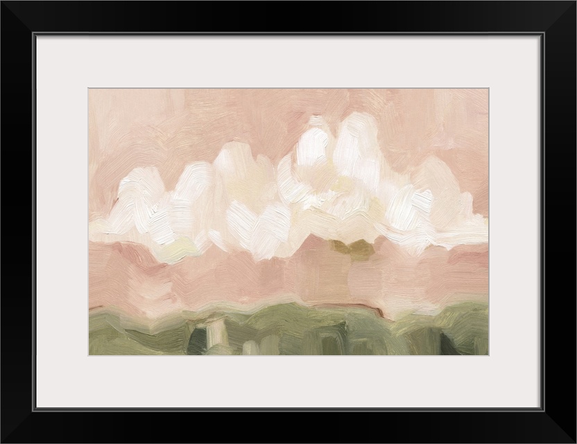 Contemporary painting of bold, textured brush strokes of large white clouds in a pink sky over a field.