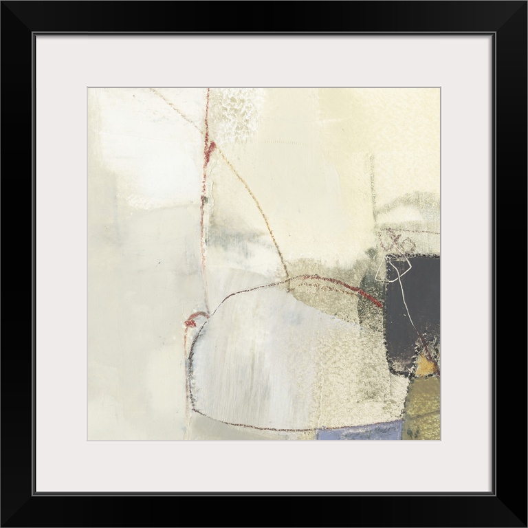 Square abstract painting in neutral tones with curved lines and red accents.