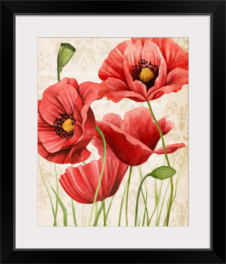 Contemporary illustration of vibrant red poppies in bloom on a beige damask background.