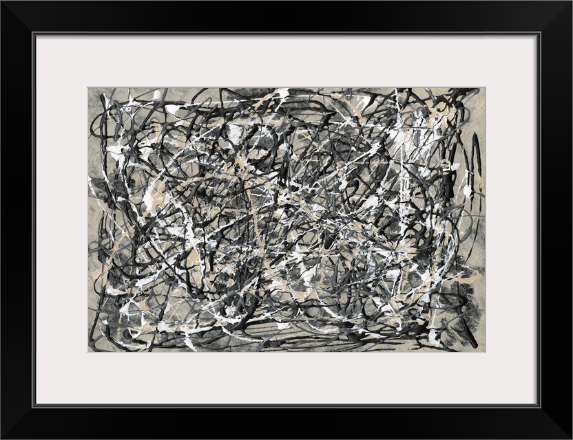 A striking, masculine contemporary abstract painting featuring bold swirls of black and white paint on a beige background,...