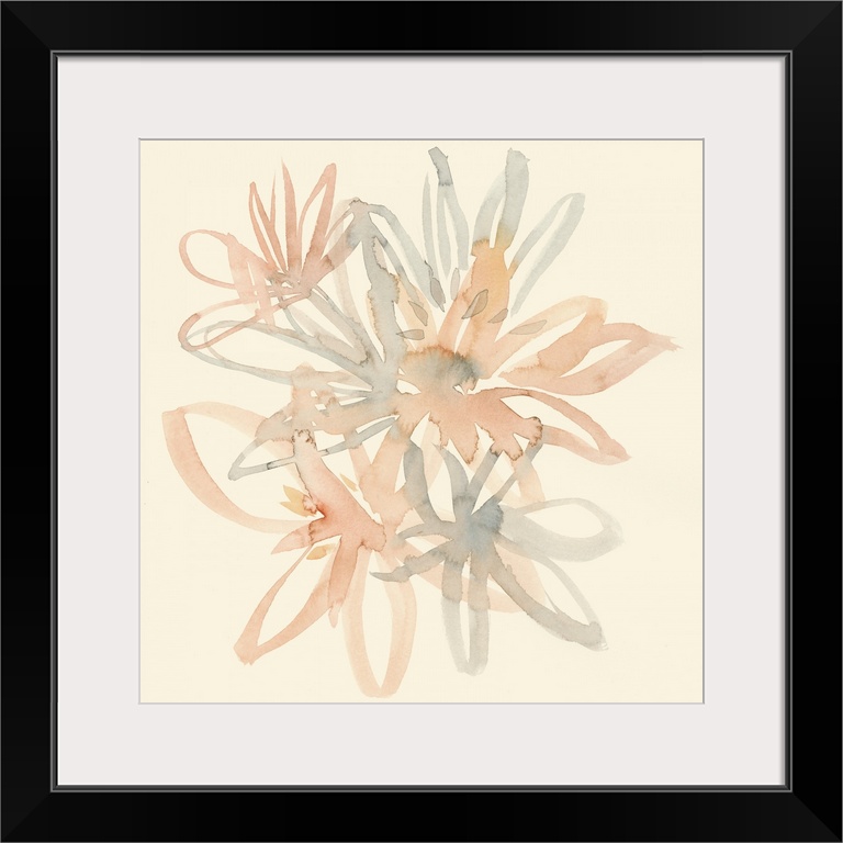 Square watercolor painting of a bouquet of muted flowers of pink and gray on a beige background.