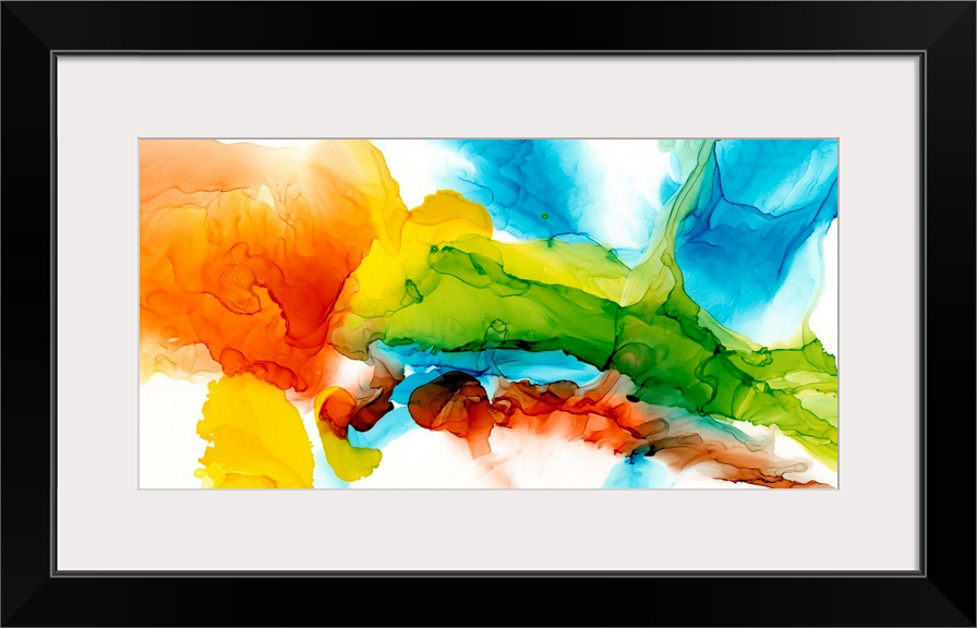 A punchy, bright, abstract created with an alcohol ink technique. Featuring turquoise, lime and citrus colors on a white b...