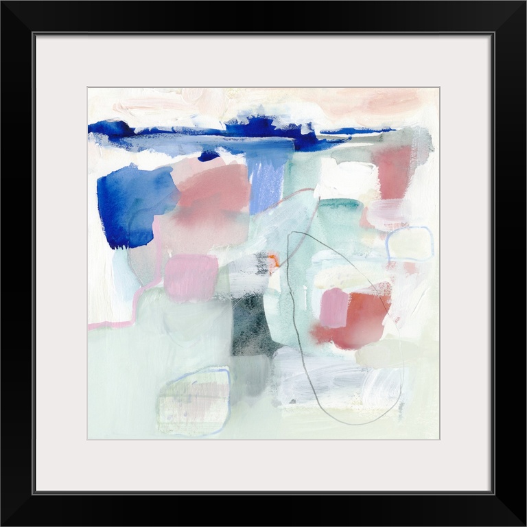 Square abstract painting in pastel tones of green, blue, pink and white with overlaying fine black lines in circular shapes.