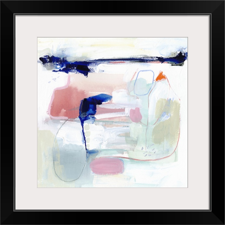 Square abstract painting in pastel tones of green, blue, pink and white with overlaying fine black lines in circular shapes.