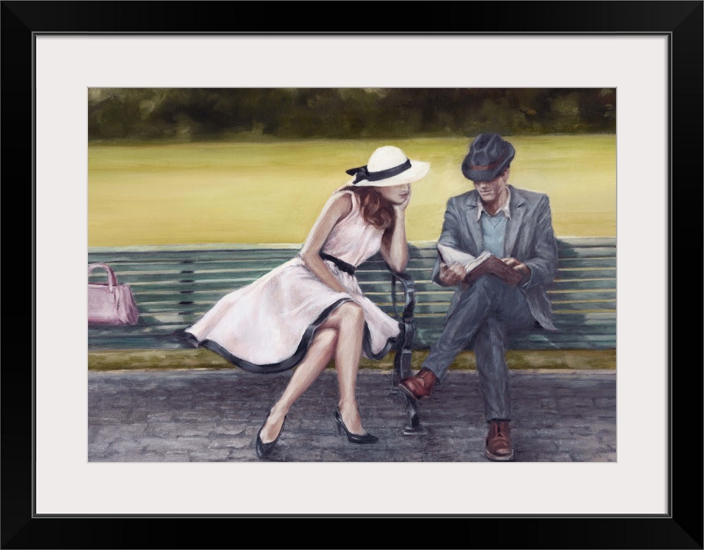 Contemporary painting of a well-dressed couple on a park bench.