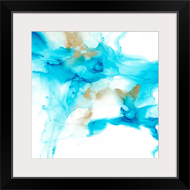An organic, flowing abstract in shades of blue with gold accents. The image has a light, ethereal quality reminiscent of i...