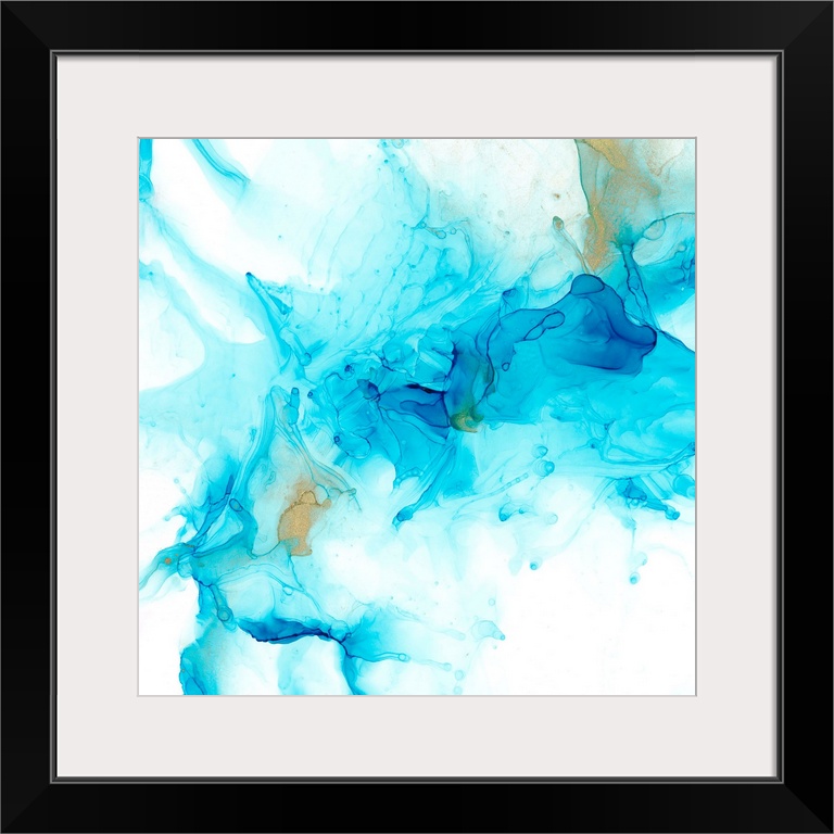 An organic, flowing abstract in shades of blue with gold accents. The image has a light, ethereal quality reminiscent of i...